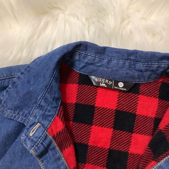 Riders Women's Blue Button Up Buffalo Plaid Fleece Lining Size Med Cotton Shirt - Picture 6 of 8